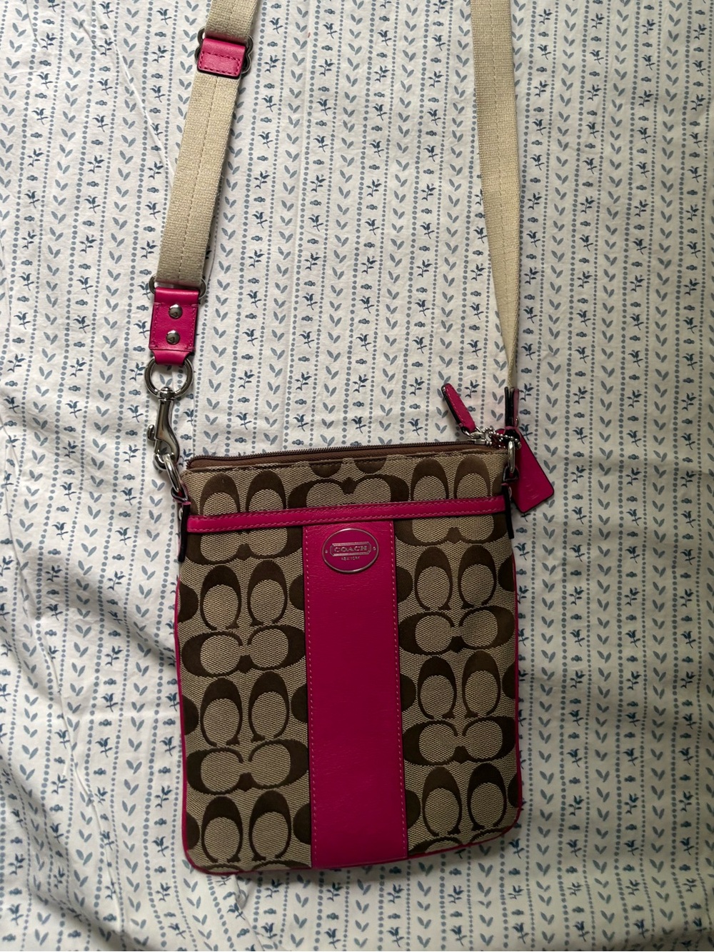 Coach Brown Signature Crossbody with Hot Pink Trim